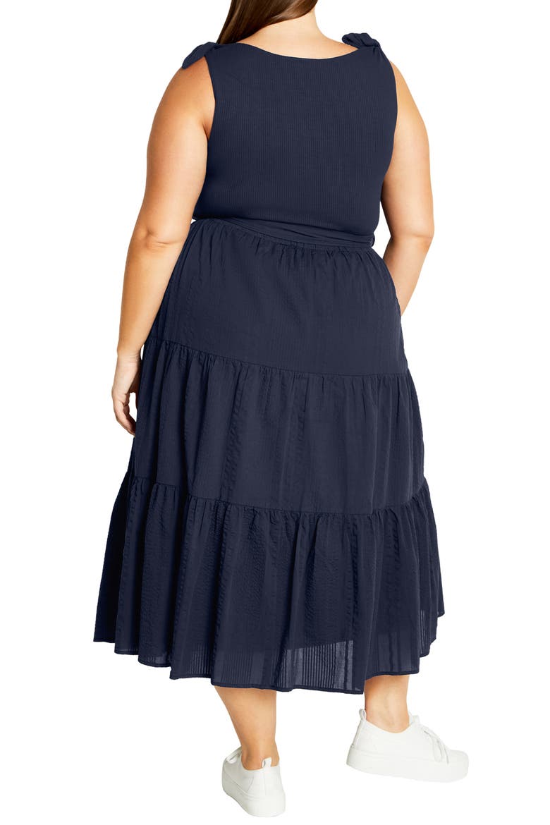 Hallie Mixed Media Tiered Midi Dress, Alternate, color, NAVY