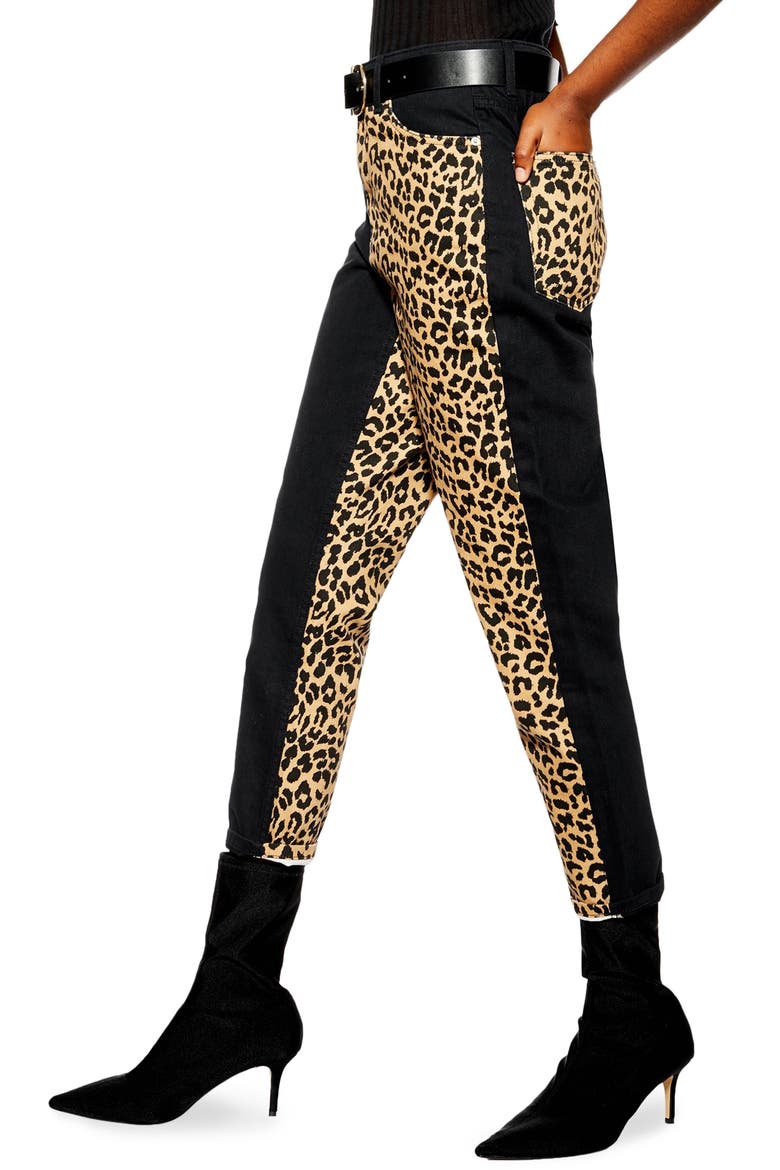Leopard Panel Mom Jeans, Alternate, color, WASHED BLACK MULTI