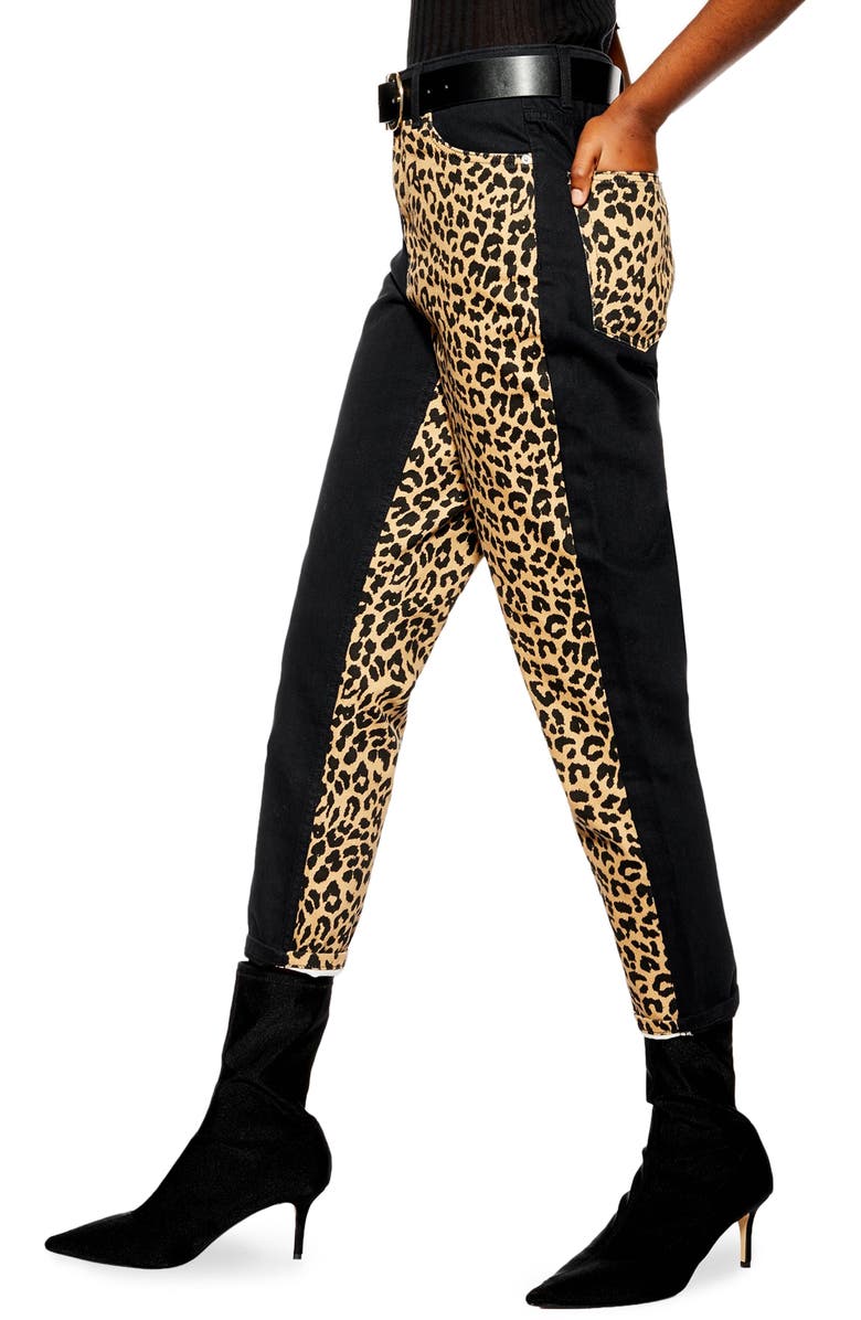 Topshop Leopard Panel Mom Jeans, Alternate, color,