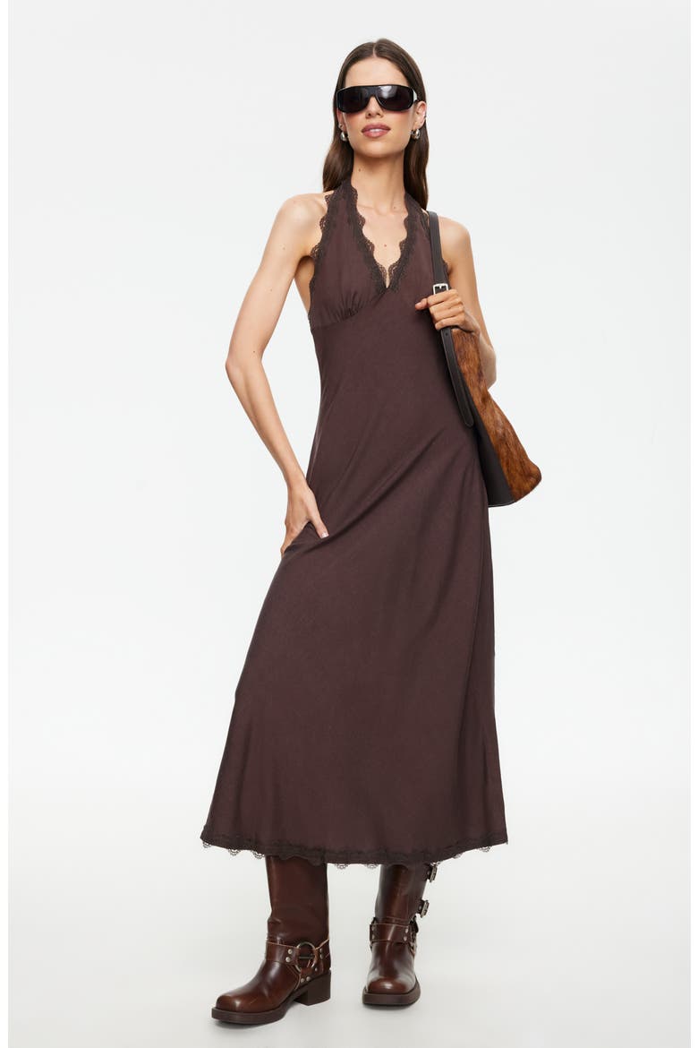 Stars Align Lace Trim Linen Blend Halter Midi Dress, Alternate, color, BROWN