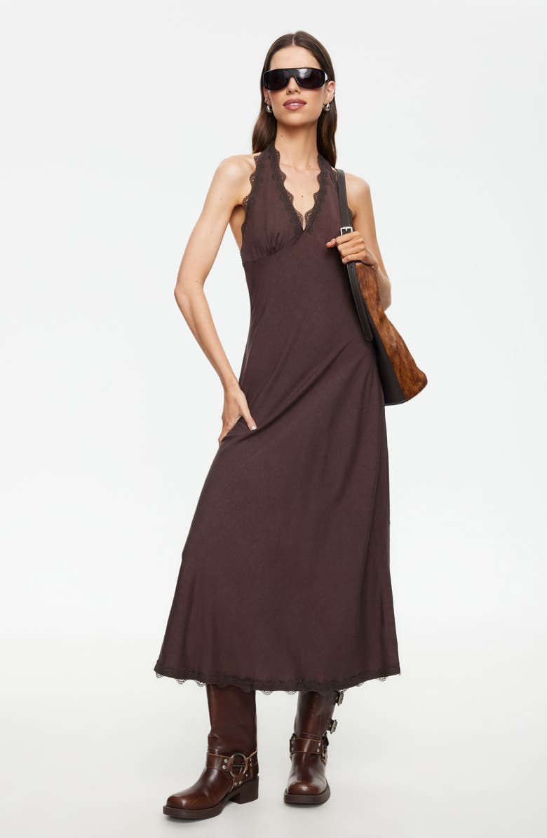 LIONESS Stars Align Lace Trim Linen Blend Halter Midi Dress, Alternate, color, Brown