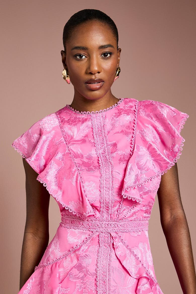 Satin Ruffle Jacquard Midi Dress, Alternate, color, Pink