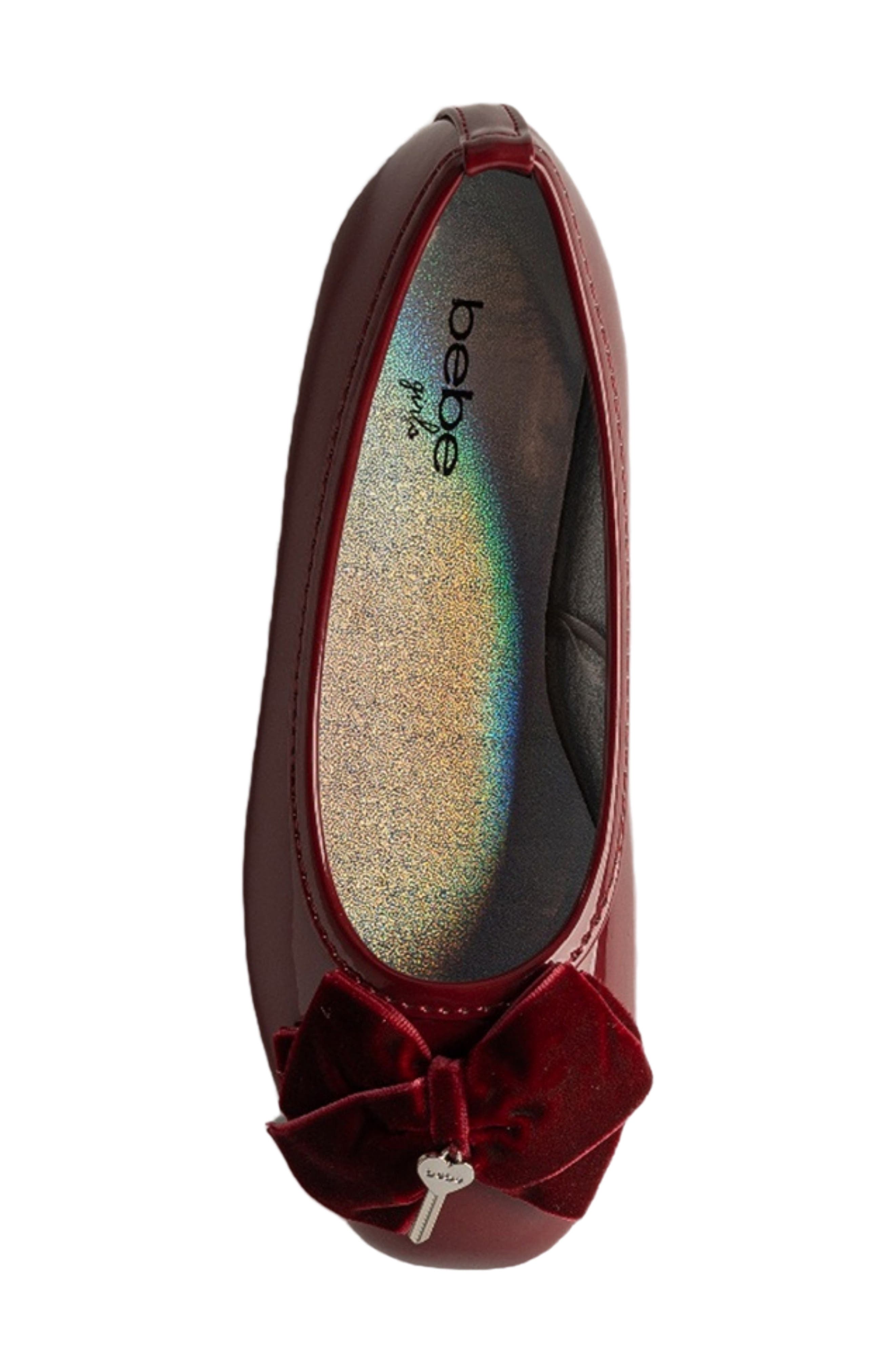 Kids' Patent Flat with Velvet Bow, Alternate, color, BURGUNDY
