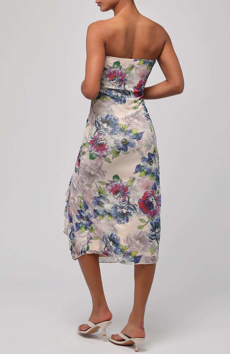 Lulus Aria Ruffle Strapless Midi Dress, Alternate, color, Peach Floral