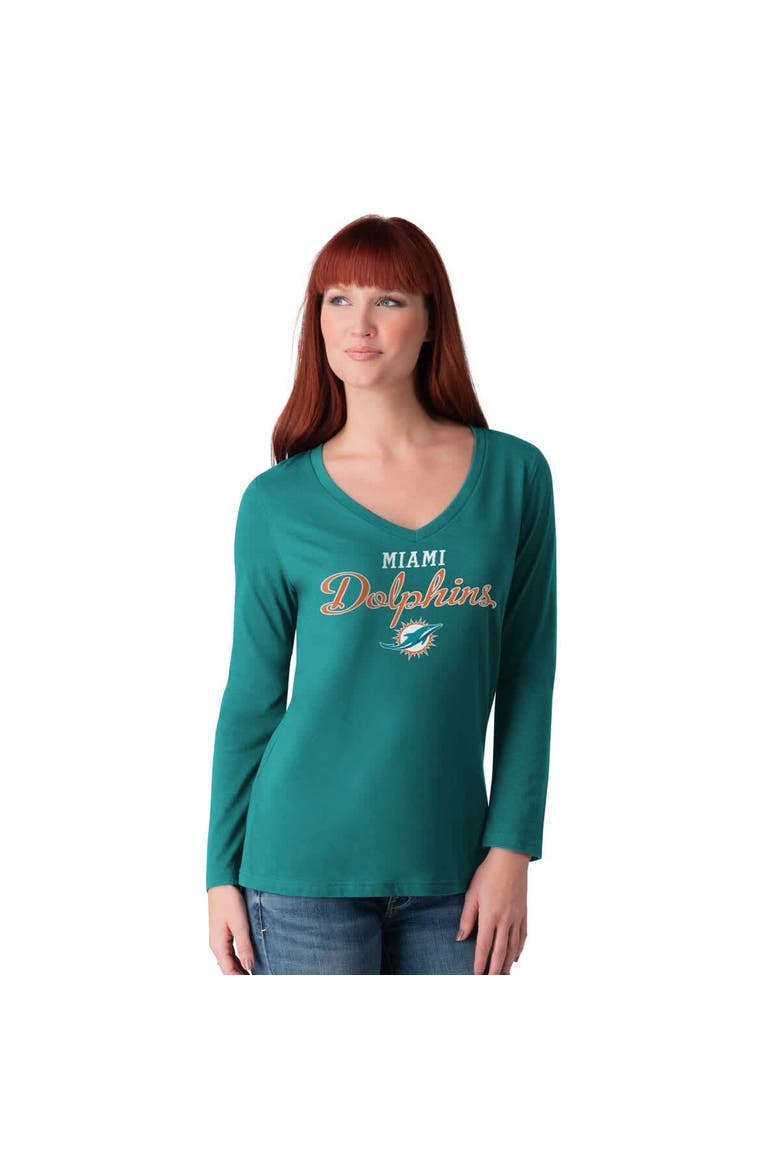 Women's G-III 4Her by Carl Banks Aqua Miami Dolphins Post Season Long Sleeve V-Neck T-Shirt, Main, color, Aqua