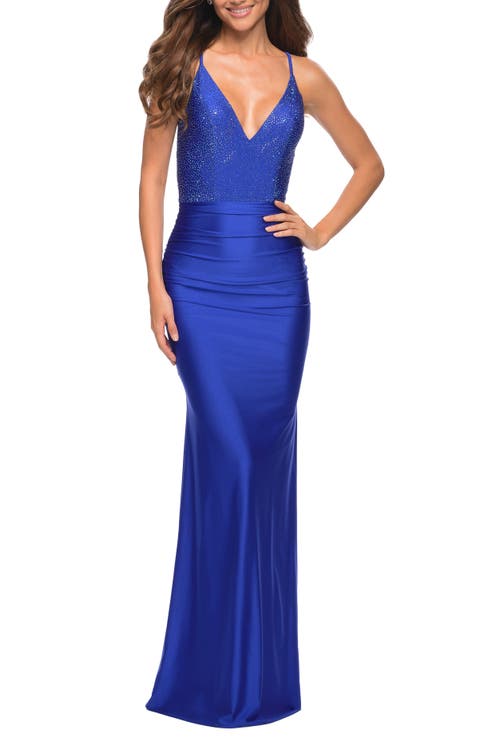 La Femme Jersey Dress With Rhinestone Beaded Top And V Neck In Blue