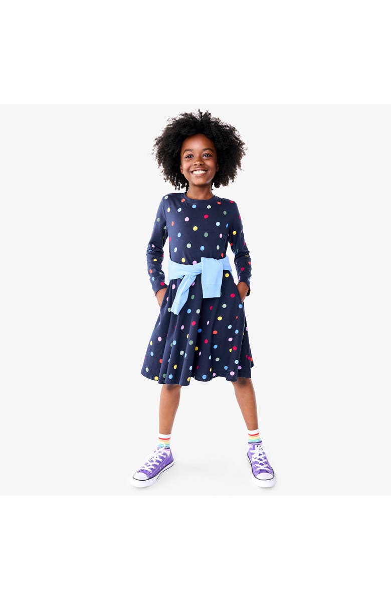 Primary Long Sleeve Twirly Dress In Confetti Dots, Alternate, color, Navy Confetti Dot