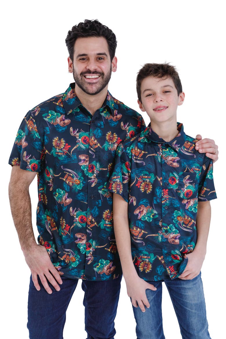 Jurassic Park T-Rex Hawaiian Short Sleeve Button Down Shirt, Alternate, color, Navy Dino Tropical