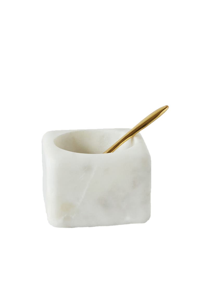 Square Marble Bowl with Brass Spoon, White, Main, color, White