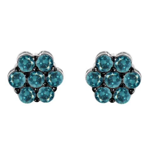 Silver 1.0 Cttw Blue Diamond Floral Stud Earrings