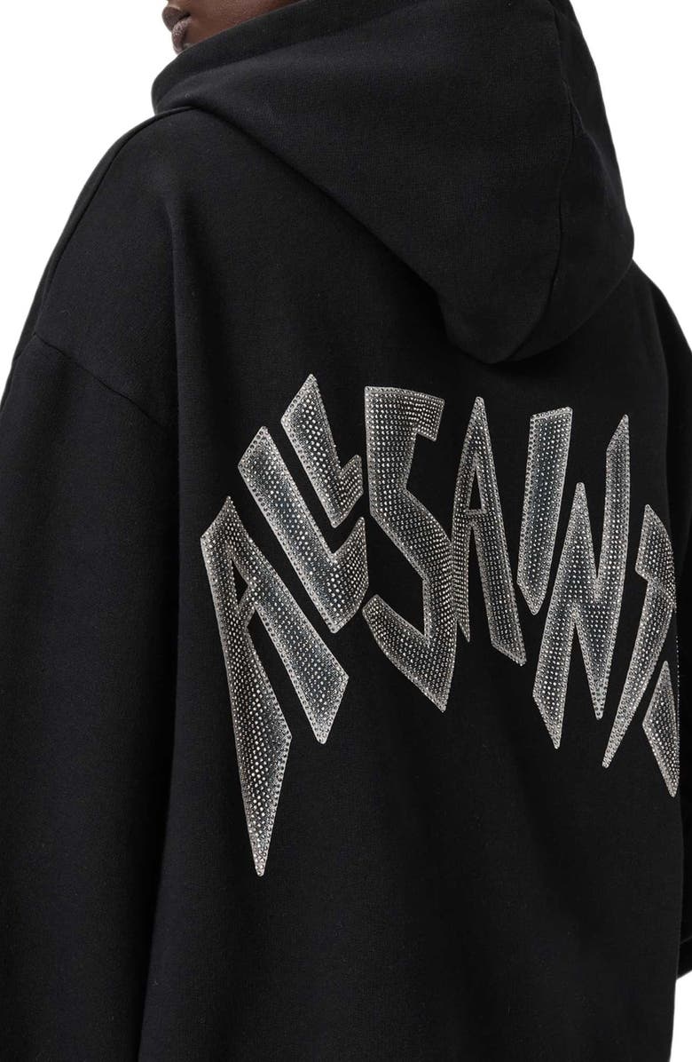 AllSaints Rhinestone Logo Cotton Hoodie, Alternate, color, Black
