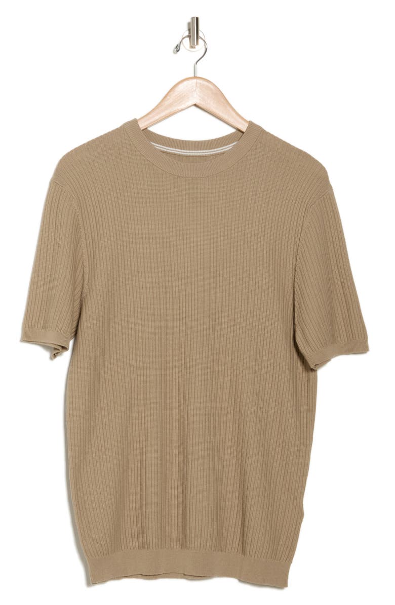 DENIM AND FLOWER Short Sleeve Ribbed Cotton Crewneck Sweater, Alternate, color, Dark Sand