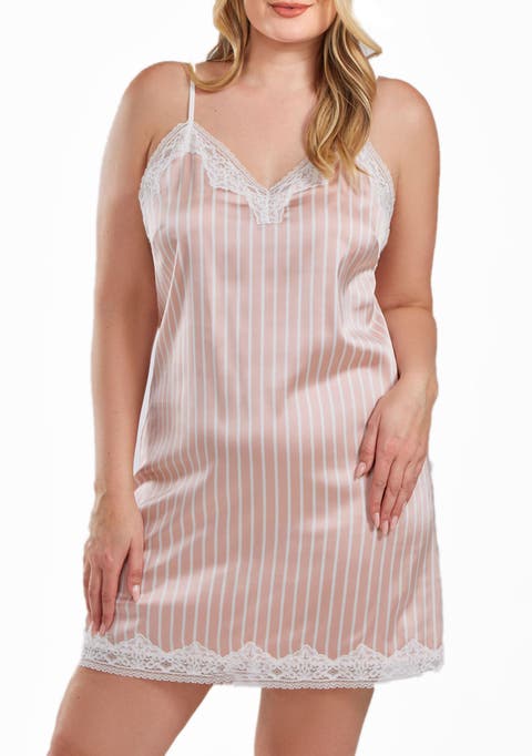 Striped Satin Chemise with Lace Trim