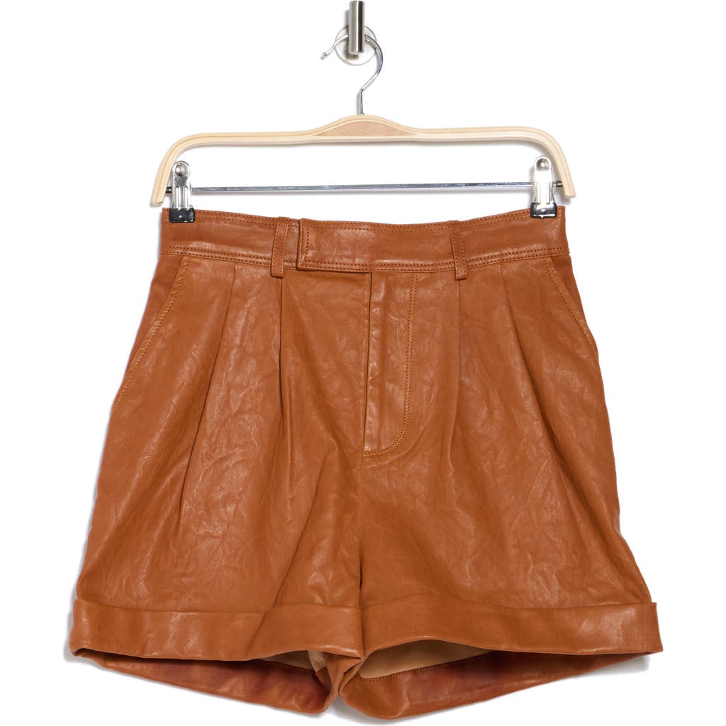 Frame Pleated Wide Cuff Leather Shorts In Light Whiskey