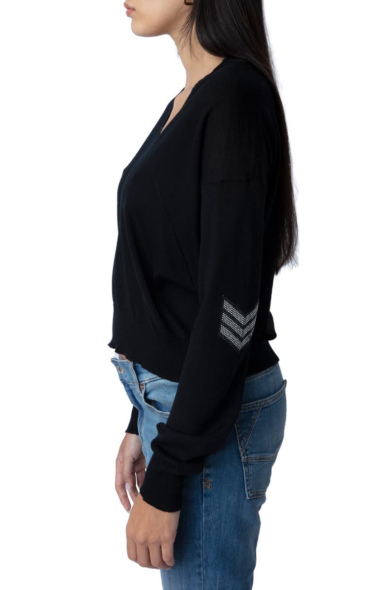 Zadig & Voltaire Happy Army Strass V-Neck Wool Sweater, Alternate, color, 