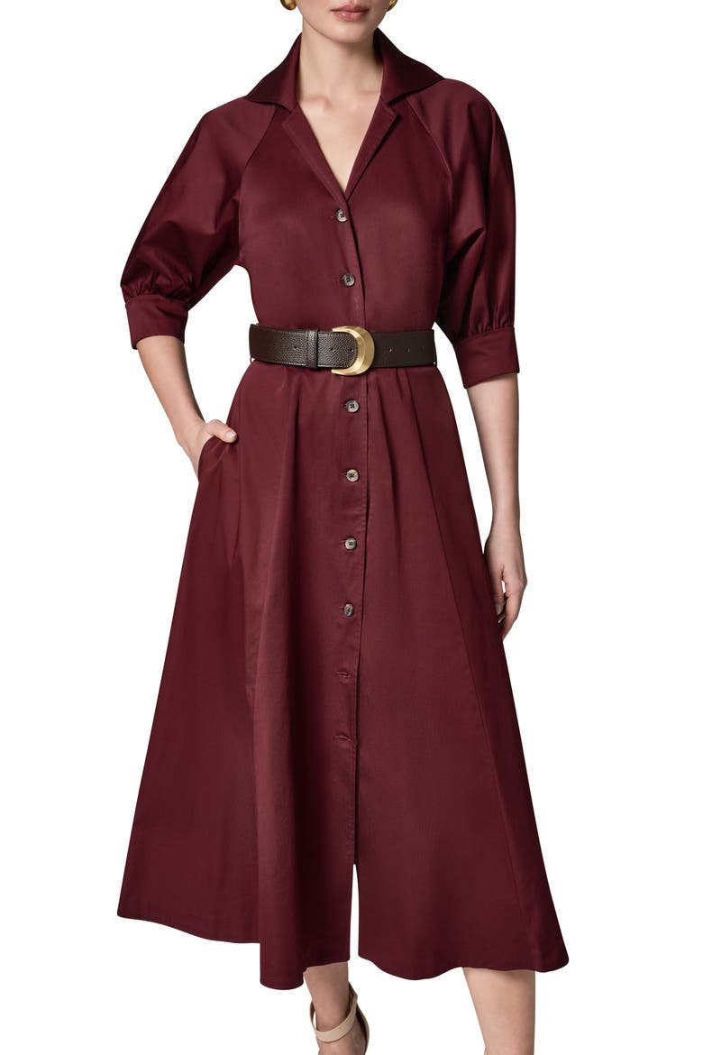 Belted Stretch Cotton Midi Shirtdress, Alternate, color, BLACK CHERRY