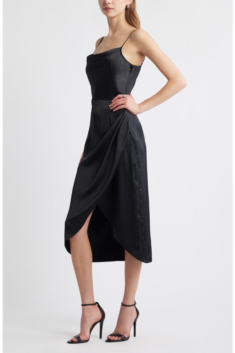 Cowl Neck Satin Midi Dress, Alternate, color, BLACK