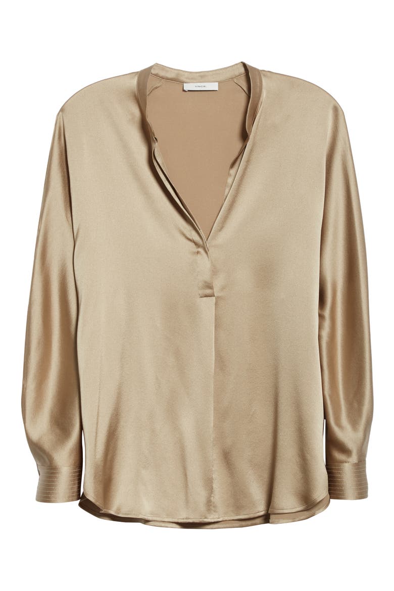 Band Collar Long Sleeve Silk Blouse, Alternate, color, TAUPE