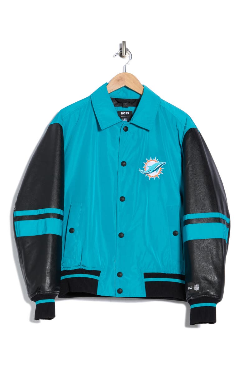 x NFL Miami Dolphins Cutback Varsity Jacket, Alternate, color, OPEN GRN