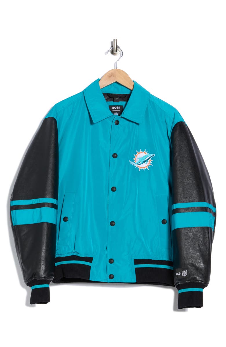 BOSS x NFL Miami Dolphins Cutback Varsity Jacket, Main, color, Open Green