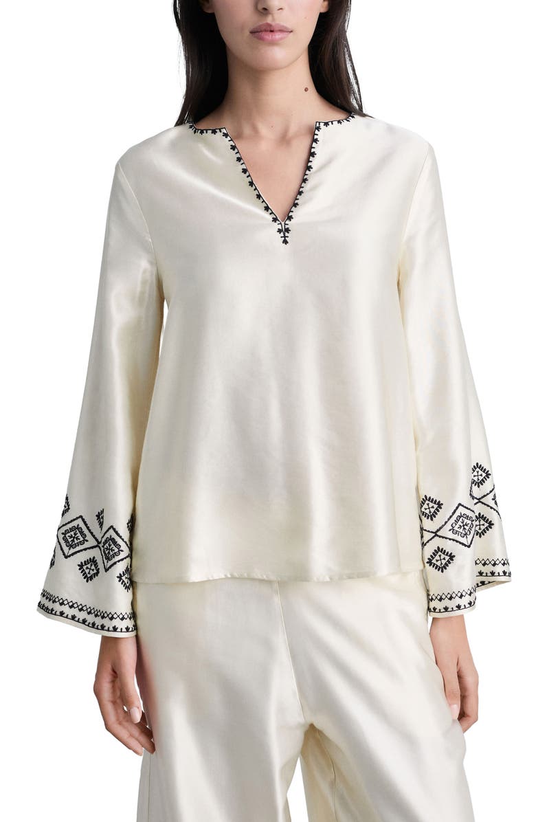 MANGO Embroidered Satin Peasant Top, Main, color,