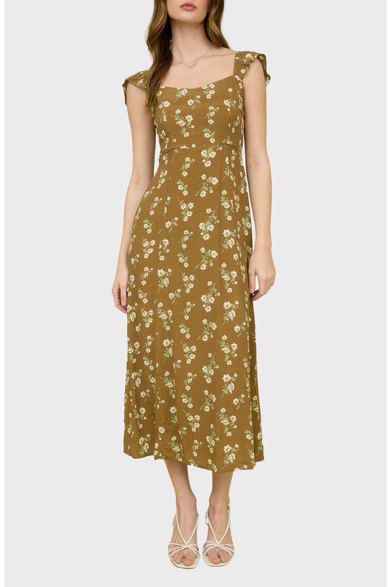 Floral Cap Sleeve Midi Dress, Main, color, BROWN MULTI