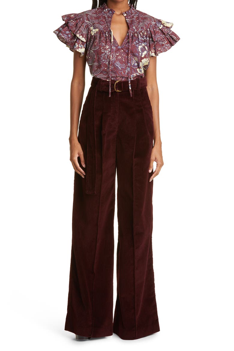 Nico Pleat Wide Leg Cotton Corduroy Pants, Alternate, color, BURGUNDY