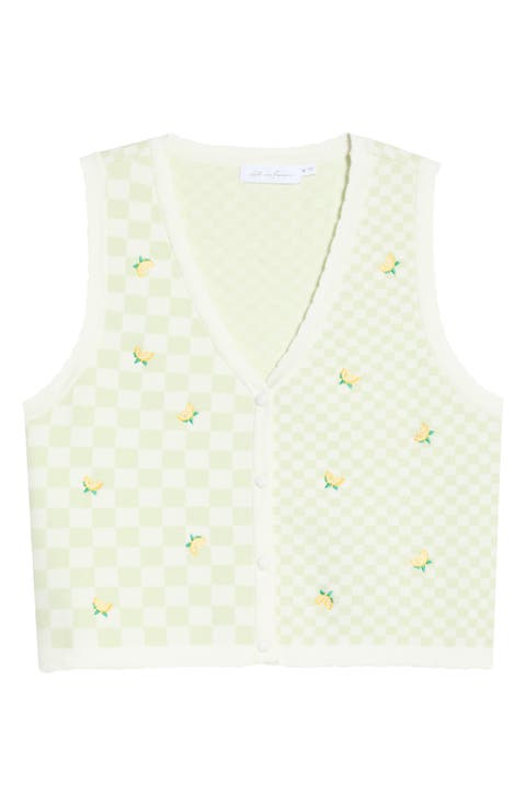 Lemon Embroidered Checkered Sweater Vest