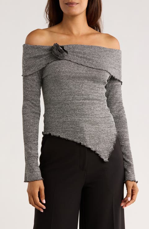 Off the Shoulder Long Sleeve Asymmetric Top