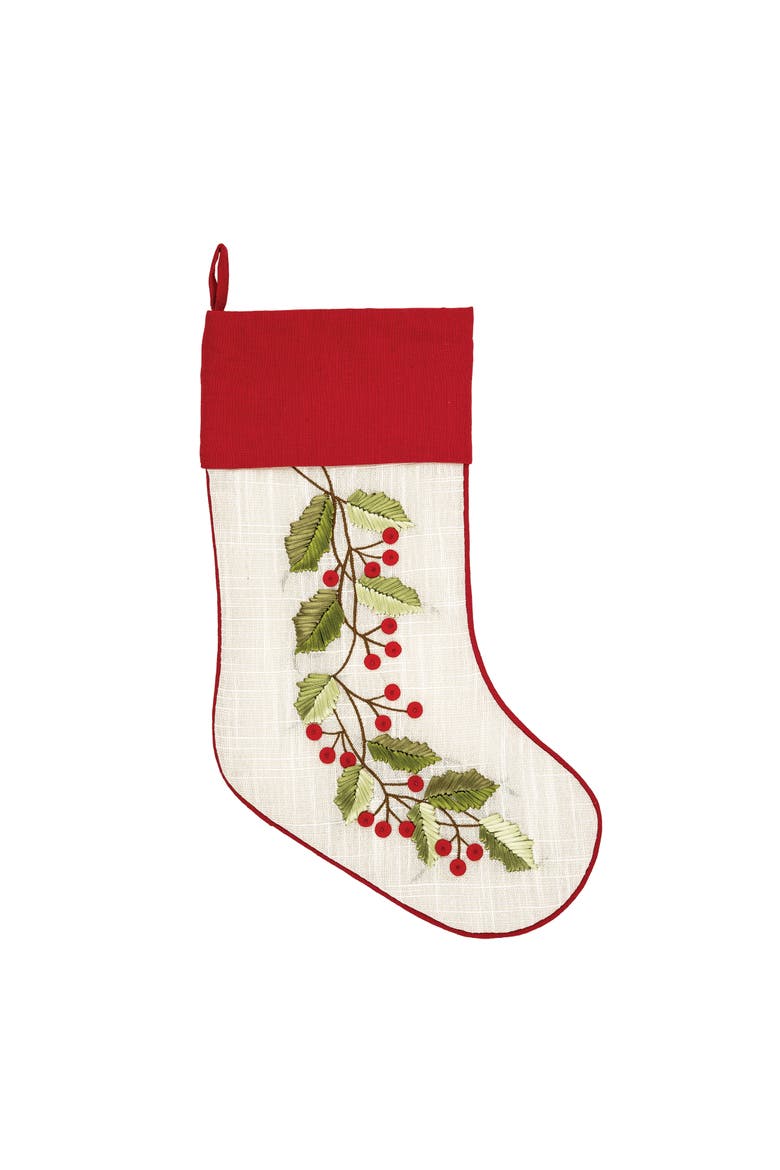 20" Joy Wreath with Red Holly Embroidered Hanging Large Christmas Stocking, Main, color, Beige