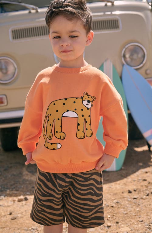 Next Kids' Oversize Leopard Crewneck Sweatshirt & Zebra Stripe Shorts Set In Orange