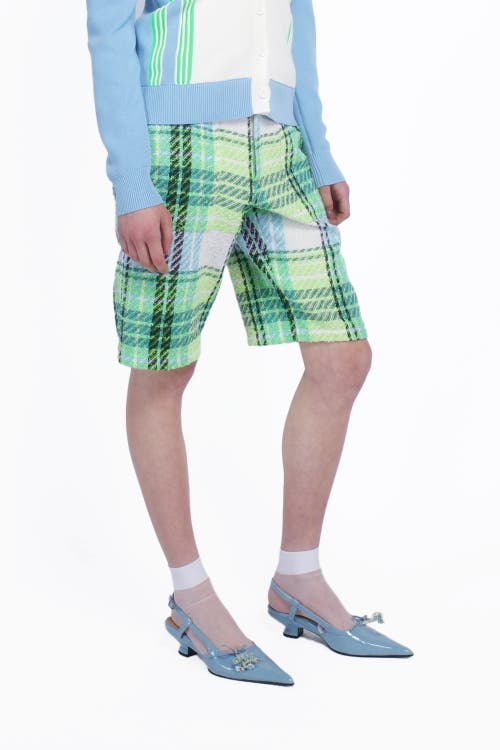 Anna Sui Capri Plaid Shorts In Lime Multi