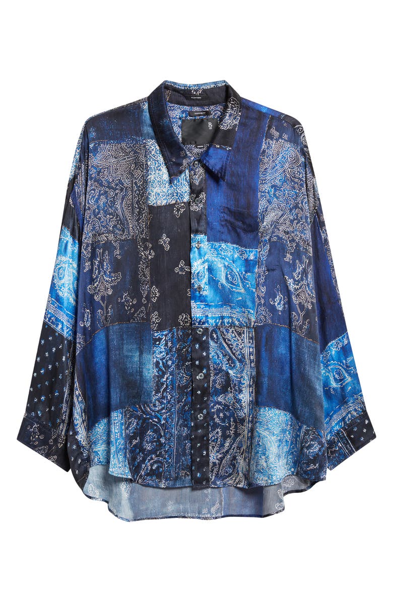 R13 Drop Neck Patchwork Oversize Silk Button-Up Shirt, Main, color, Blue Multi Bandana Print