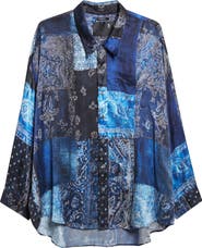 R13 Drop Neck Patchwork Oversize Silk Button-Up Shirt