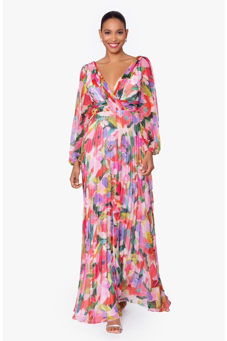 Floral Long Sleeve A-Line Gown, Alternate, color, MULTI