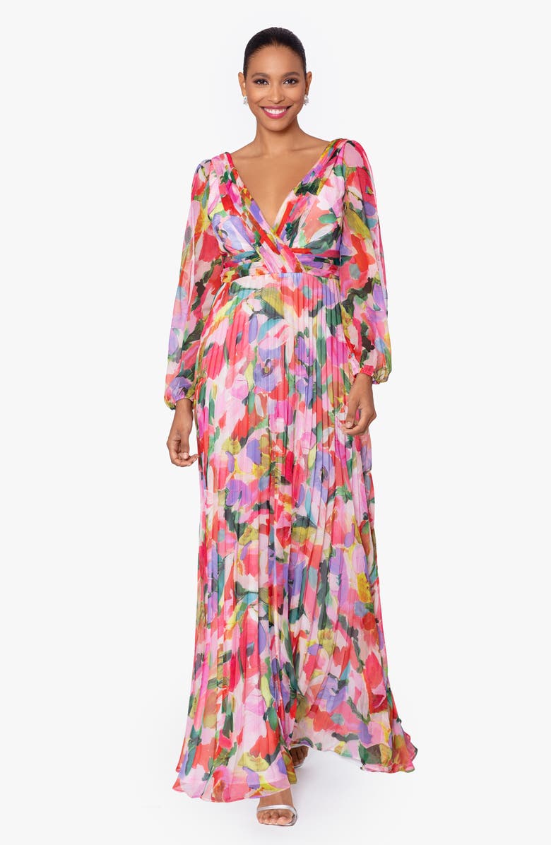 Betsy & Adam Floral Long Sleeve A-Line Gown, Alternate, color,
