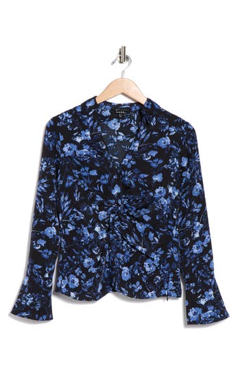 Nicole Miller Floral Long Sleeve Twisted Front Top In Blue