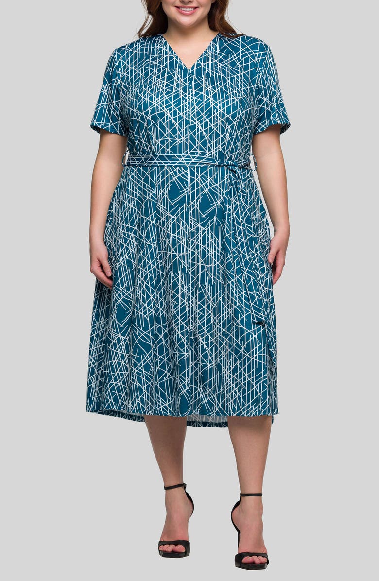 24seven Comfort Apparel Abstract Print Tie Waist Knit Midi Dress, Main, color, Blue Multi