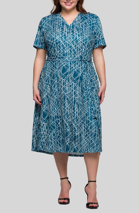 Abstract Print Tie Waist Knit Midi Dress (Plus)