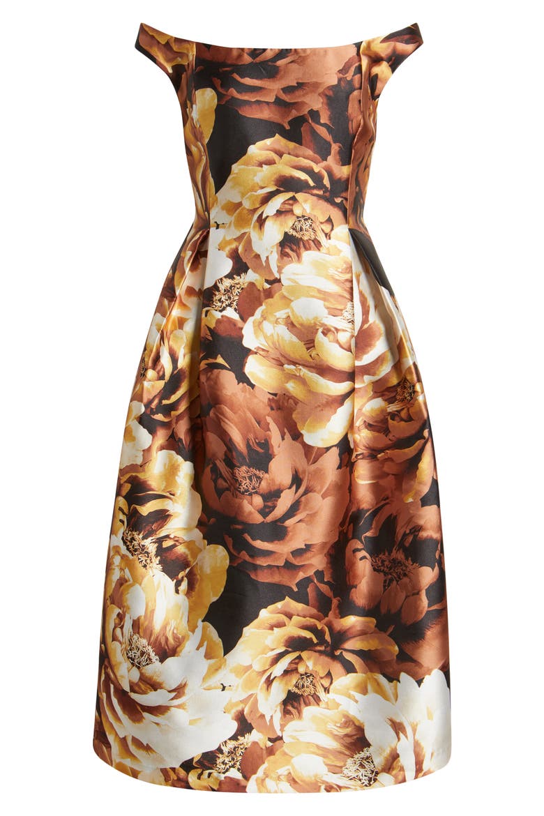 Floral Off-the-Shoulder Cocktail Dress, Alternate, color, GOLD