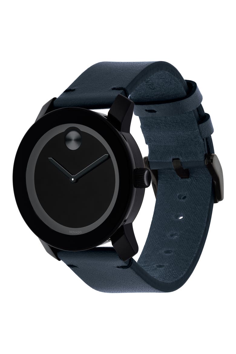 'Bold' Leather Strap Watch, 42mm, Alternate, color, NAVY/ BLACK