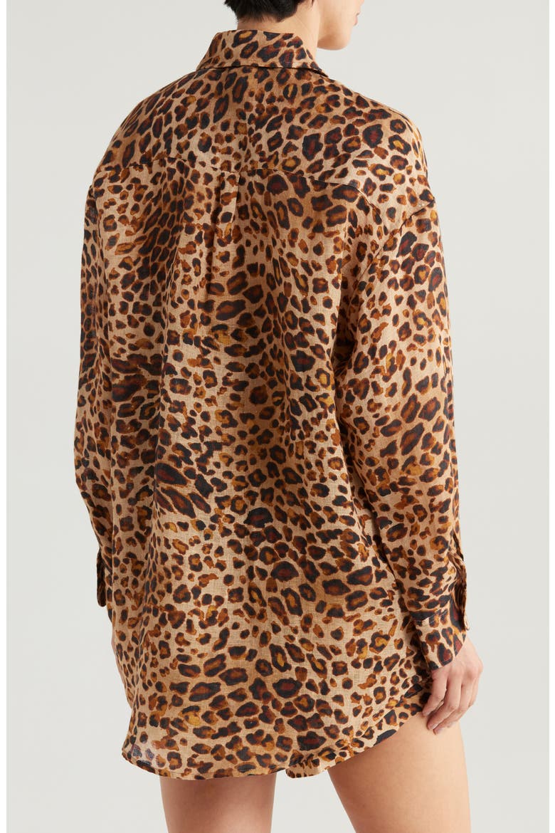 Playa Oversize Linen Cover-Up Shirt, Alternate, color, LUXE LEOPARD