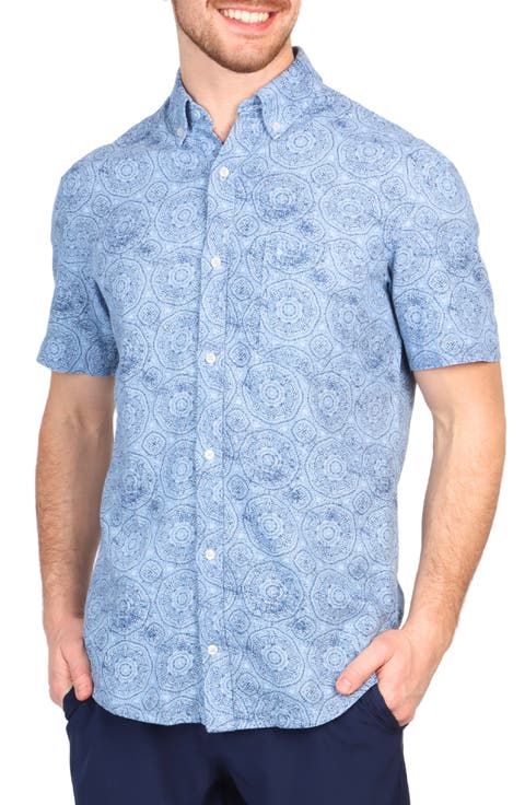 Batik Print Linen Blend Short Sleeve Button-Down Shirt
