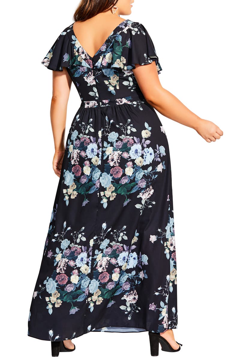 City Chic Flutter Sleeve Floral Print Maxi Dress, Alternate, color, 
