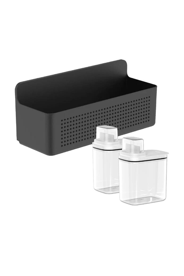 Clear Airtight 50oz Laundry Detergent Dispenser Set with Measuring Cap and Wall Mounted Storage Basket, 3 Piece Organizer, Main, color, Black