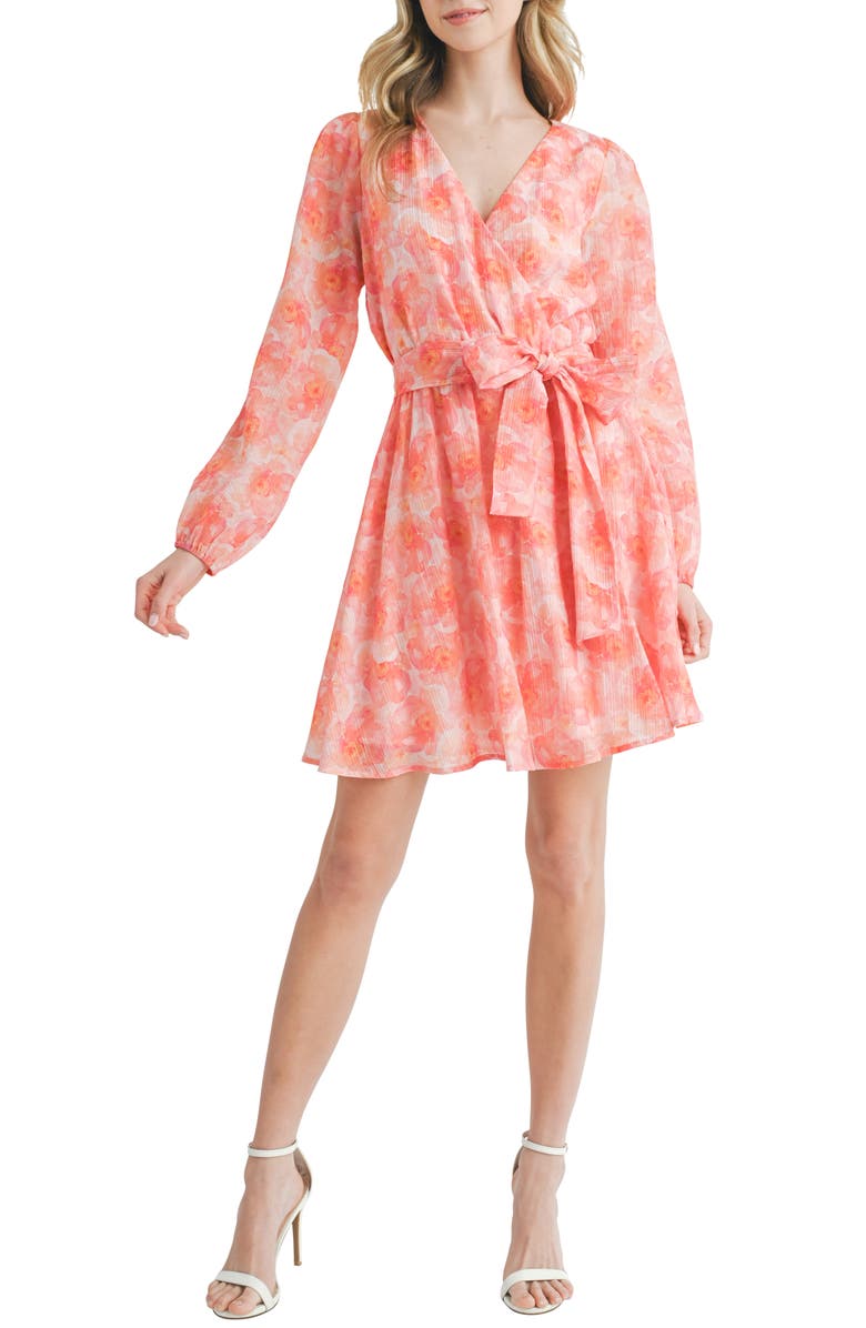 Mila Mae Floral Wrap Front Long Sleeve Dress, Main, color, 