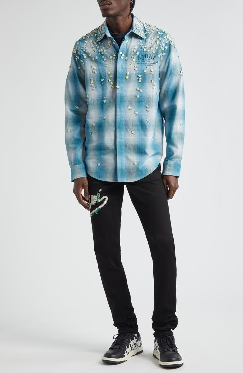 AMIRI Floral & Crystal Embellished Plaid Flannel Button-Up Shirt, Alternate, color, 