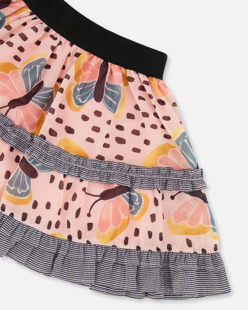 Deux Par Deux Little Girl's Printed Ruffle Skirt Black And Pink Butterflies In Black And Pink Butterflies