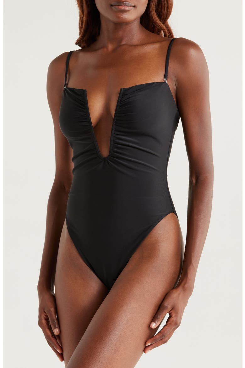 Bianka Plunge One-Piece Swimsuit, Alternate, color, BLACK