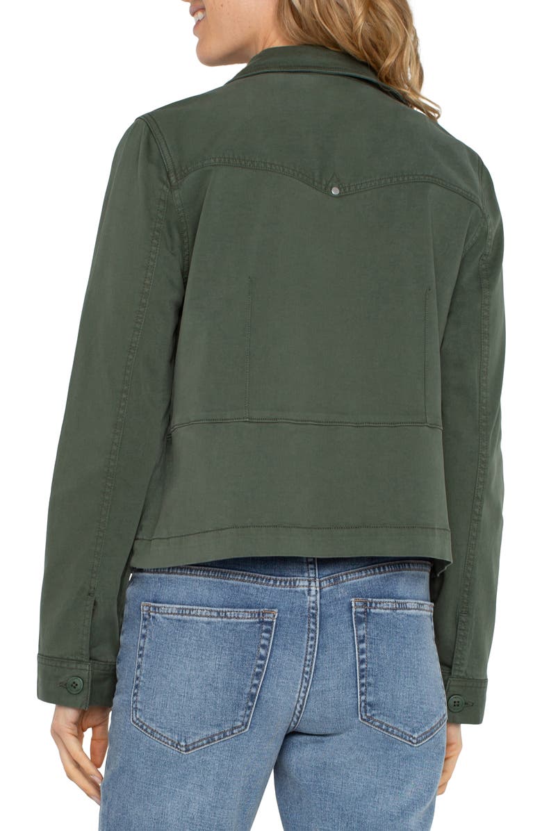 Liverpool Los Angeles Peplum Twill Trucker Jacket, Alternate, color, Moss Green